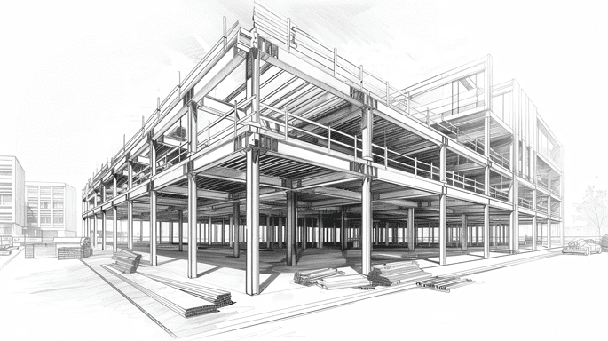 Monochrome Skizze eines Gebäudes im Bau dargestellt in klarer Linienführung.